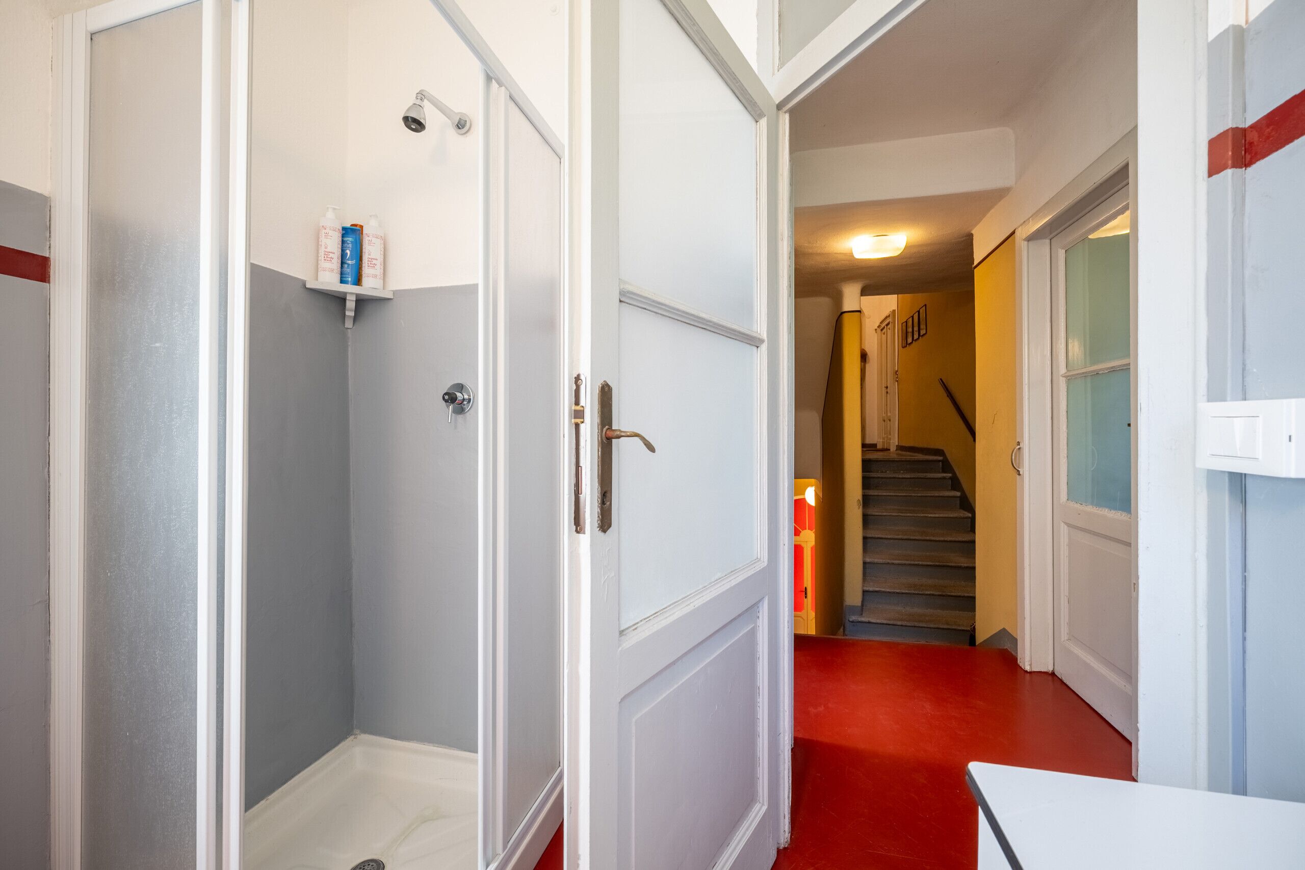 A hallway with a shower, a staircase, and a red carpet.