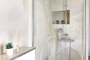 Regadera, secadora de cabello, toallas, shampoo 