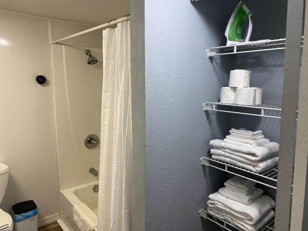 Hair dryer, towels, toilet paper