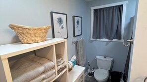 Hair dryer, bidet, towels, soap
