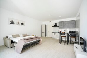 A modern, compact living space with a convertible sofa bed, a kitchenette, and a dining area.