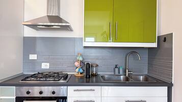 Kühlschrank, Ofen, Herdplatte, Wasserkocher mit Kaffee-/Teezubehör