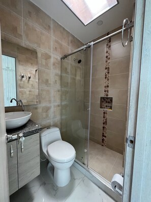 Chuveiro, toalhas de banho, sabonete, papel higiênico