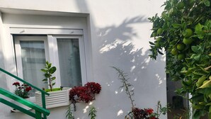 Ein Balkon mit Topfpflanzen, einem weißen Fenster und einem grünen Geländer.