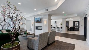 A modern hotel lobby with a green sofa, patterned armchairs, a wooden floor, and a large potted tree.