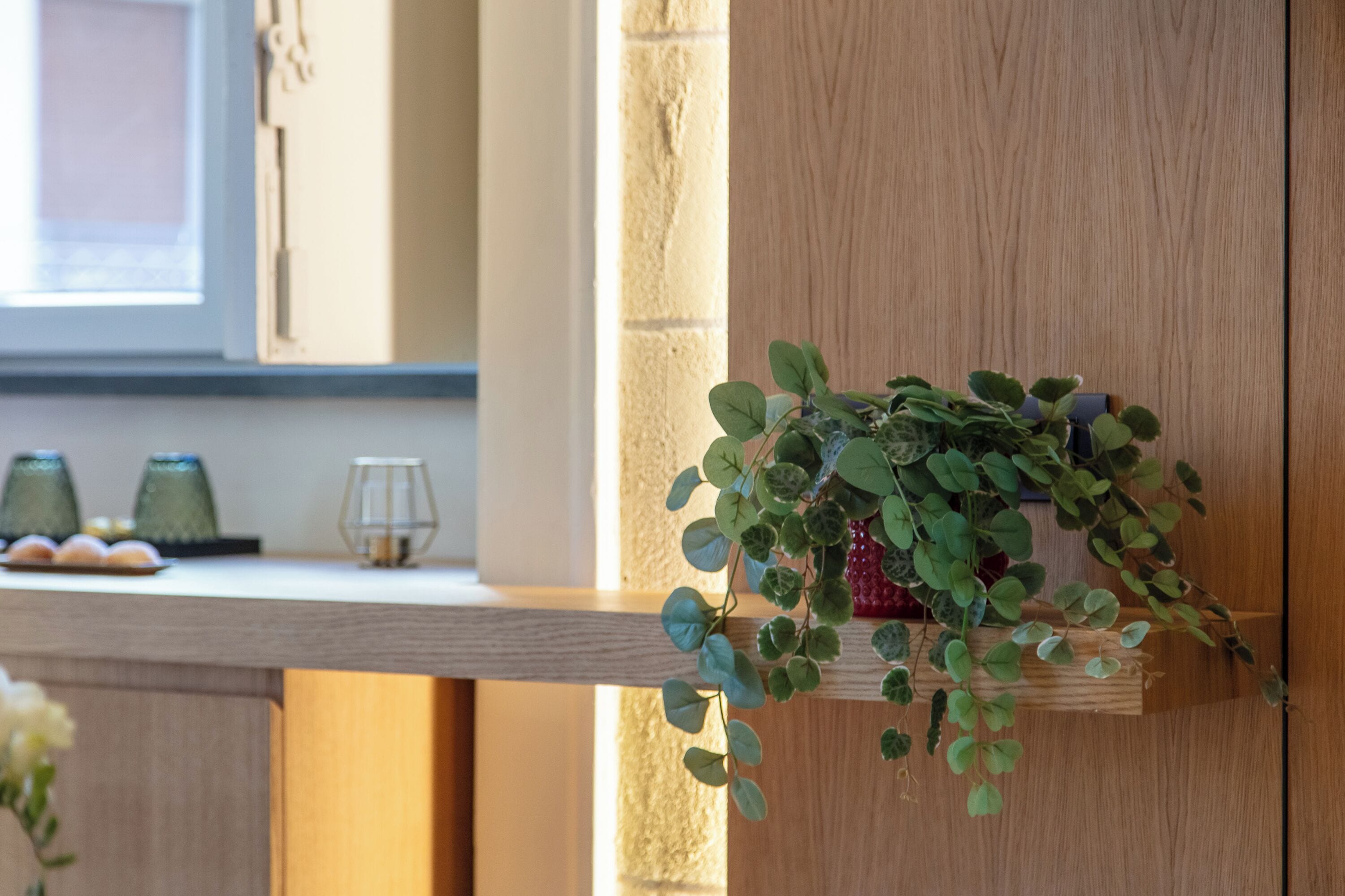 Una estantería de madera con una planta colgante.