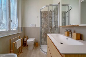 Shower, hair dryer, bidet, towels