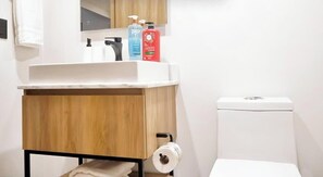 Douche, séchoir à cheveux, serviettes fournies, shampooing