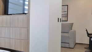 A modern room with a built-in TV, grey sofa, and a black chair. - Two connected units on Paseo Chapultepec (Guadalajara)