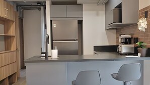 A modern kitchen with a central island, stainless steel appliances, and a potted plant. - Two connected units on Paseo Chapultepec (Guadalajara)