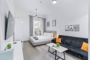 Iron/ironing board, WiFi, bed sheets - StayShort - Chic Balcony Studio in the Heart of JVC! (Jumeirah Village Circle)