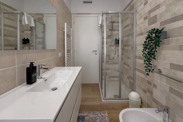 Shower, bidet, towels, soap