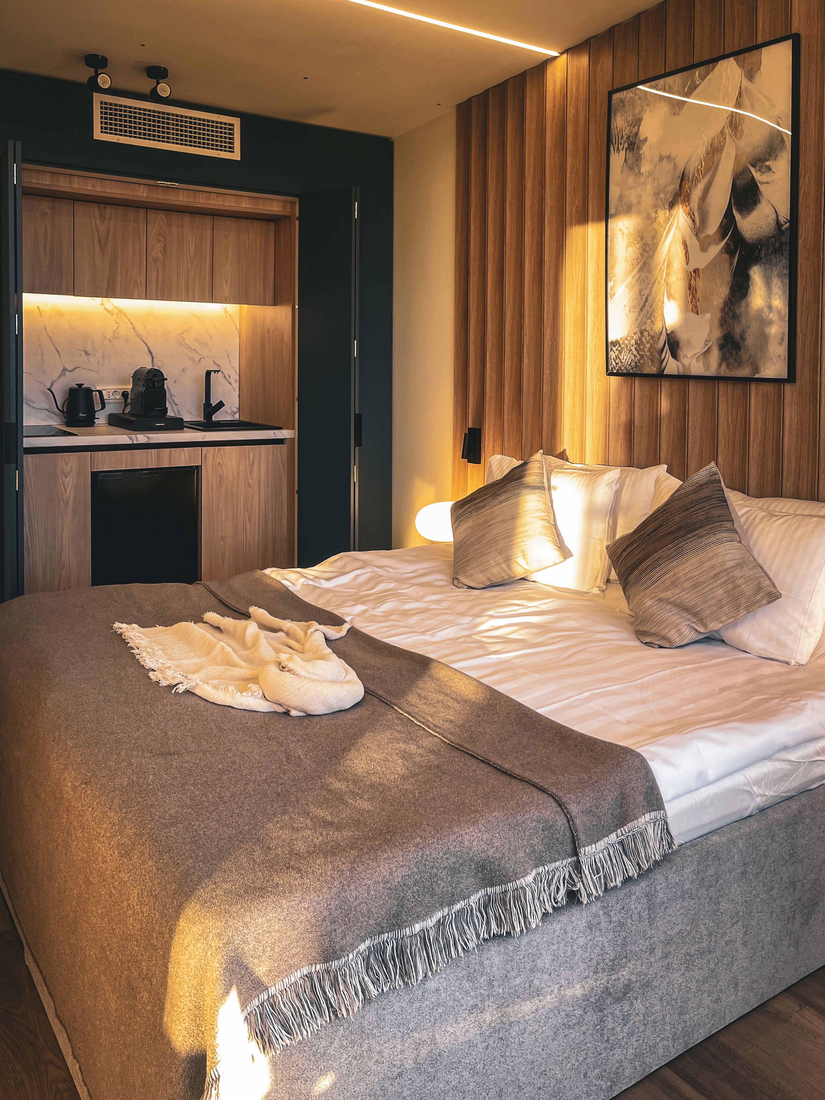A modern bedroom with a bed, bedside table, and a wall-mounted artwork.