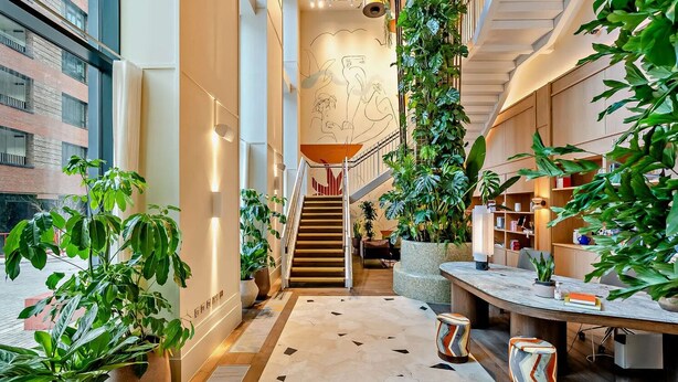 Ein modernes Interieur mit einer Treppe, Topfpflanzen und einem Schreibtischbereich aus Holz.