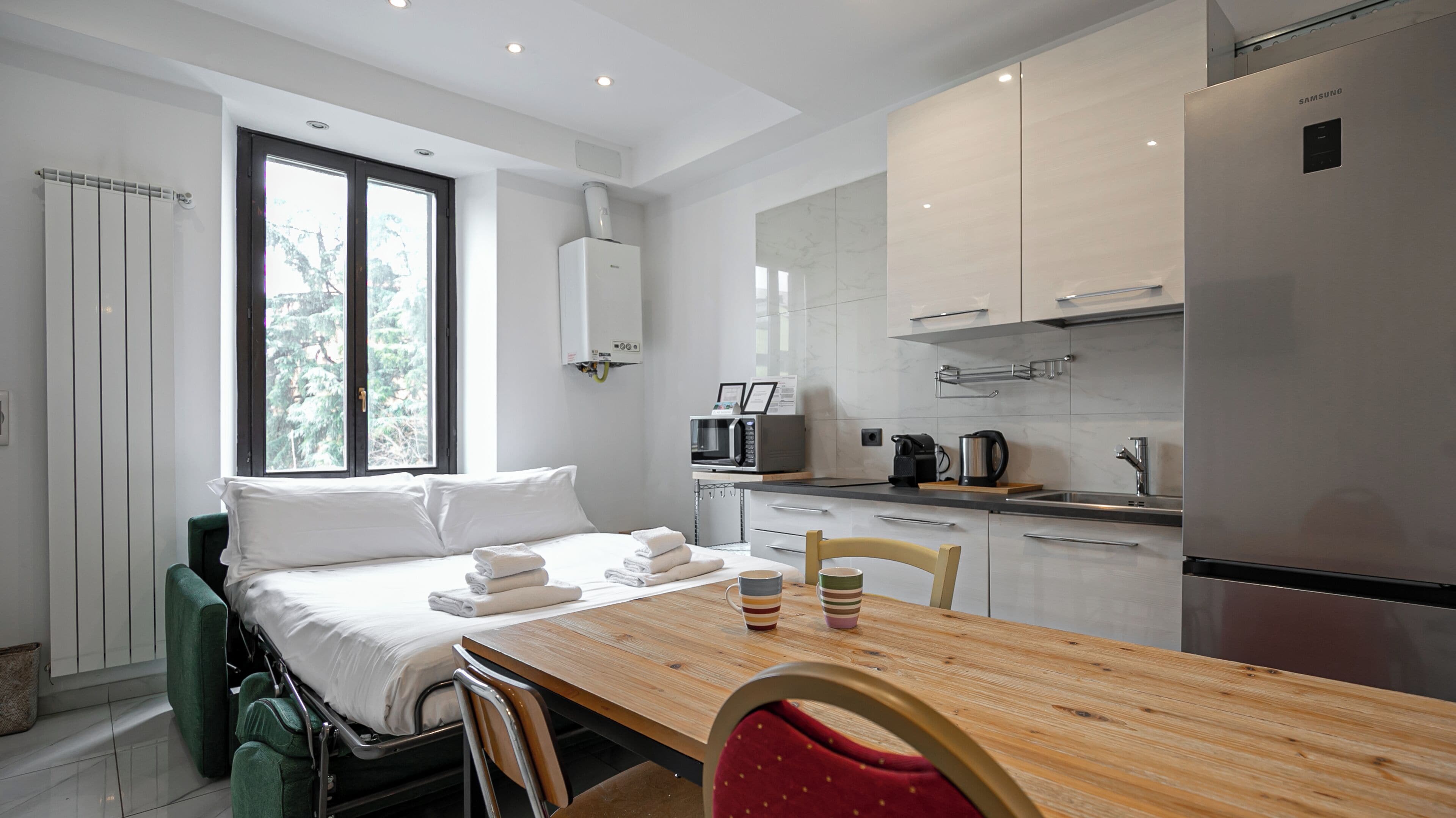 Microwave, espresso maker, electric kettle, high chair