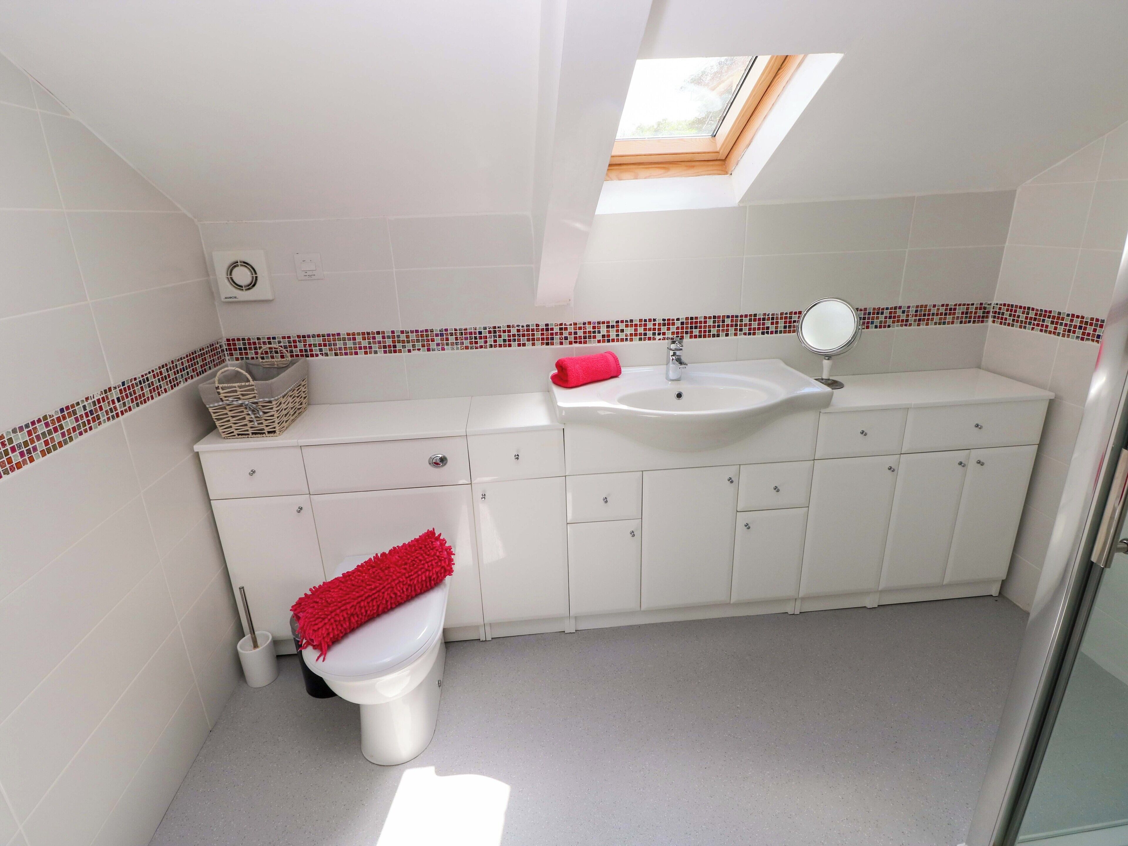 Ein Badezimmer mit Dachfenster, weißen Fliesen, einem weißen Waschbecken und einer Toilette mit einer roten Fußmatte.