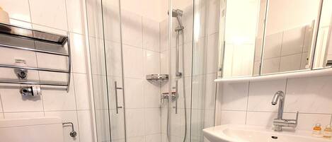 A modern bathroom with a glass-enclosed shower, a white sink, and a mirror above the sink.