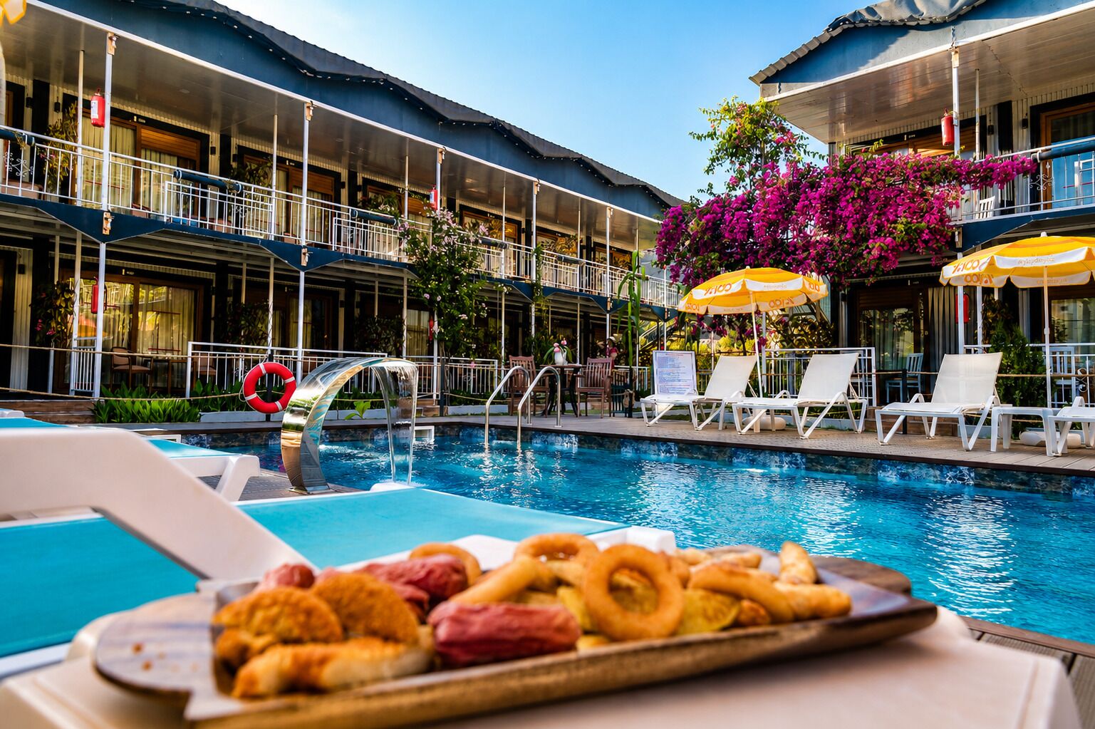 An indoor swimming pool with lounge chairs and a tray of food.
