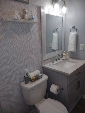 A bathroom with a toilet, sink, and mirror. There are towels and toiletries on the sink counter. - Relax Farm house - Self check in /WIFI -Tiny House (Murfreesboro)