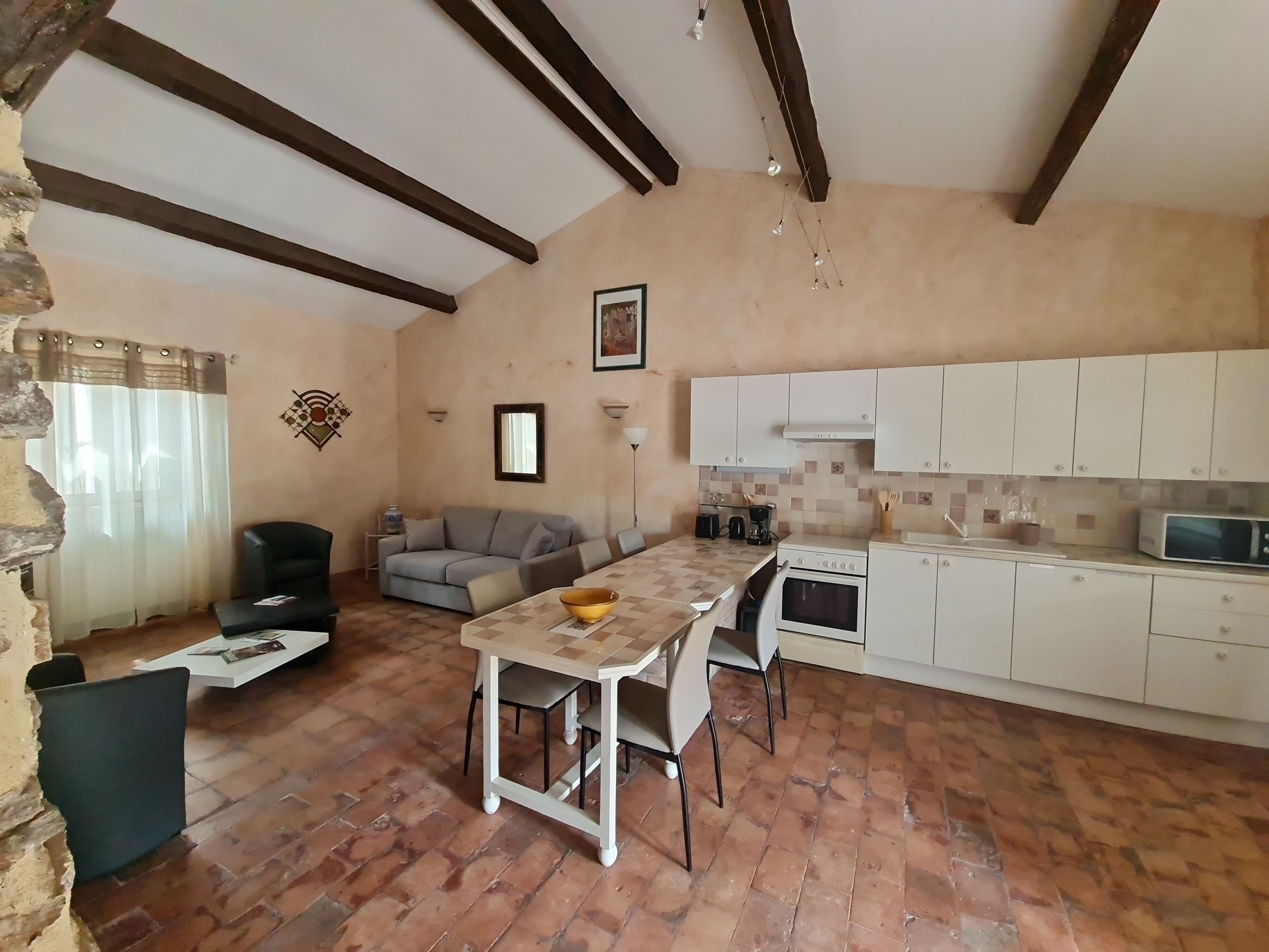 A cozy living area with a sofa, a dining table with chairs, and a kitchen area with cabinets and appliances.