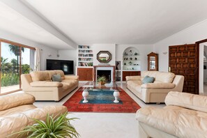 Una televisión, una chimenea, una mesa de tenis de mesa