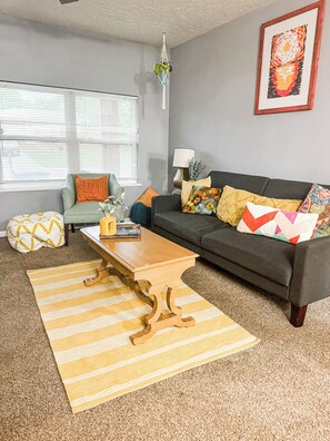 Smart TV, fireplace, books