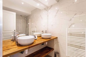 Shower, hair dryer, towels