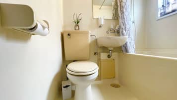 Hair dryer, towels, soap, toilet paper