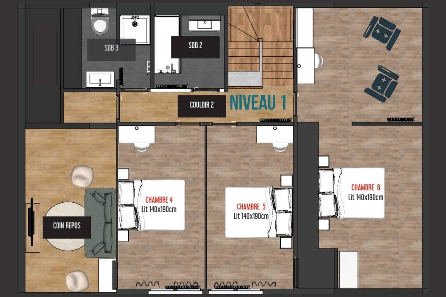 Grundriss eines Hotels mit 6 Schlafzimmern, 2 Bädern, einer Essecke und einer Sammlung von Münzen.