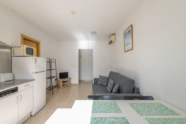 A compact living space with a kitchenette, a grey sofa, and a framed picture on the wall.