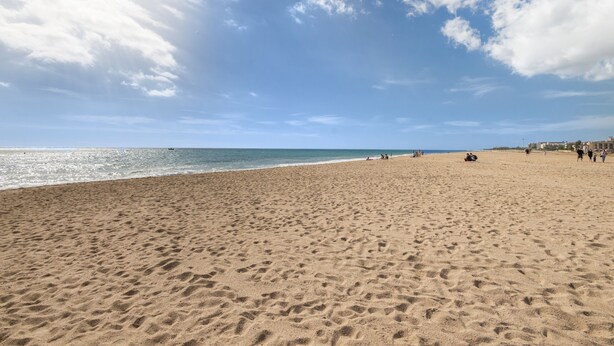 A wide sandy beach with footprints, a clear blue sky, and a calm sea.
