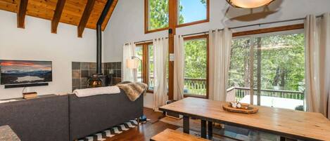 TV, fireplace, books, offices