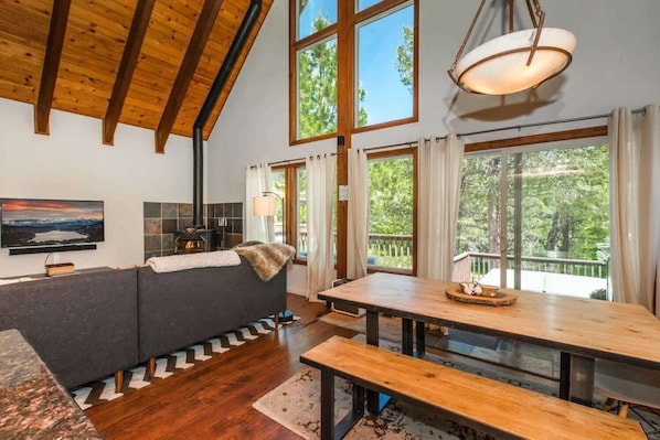 TV, fireplace, books, offices