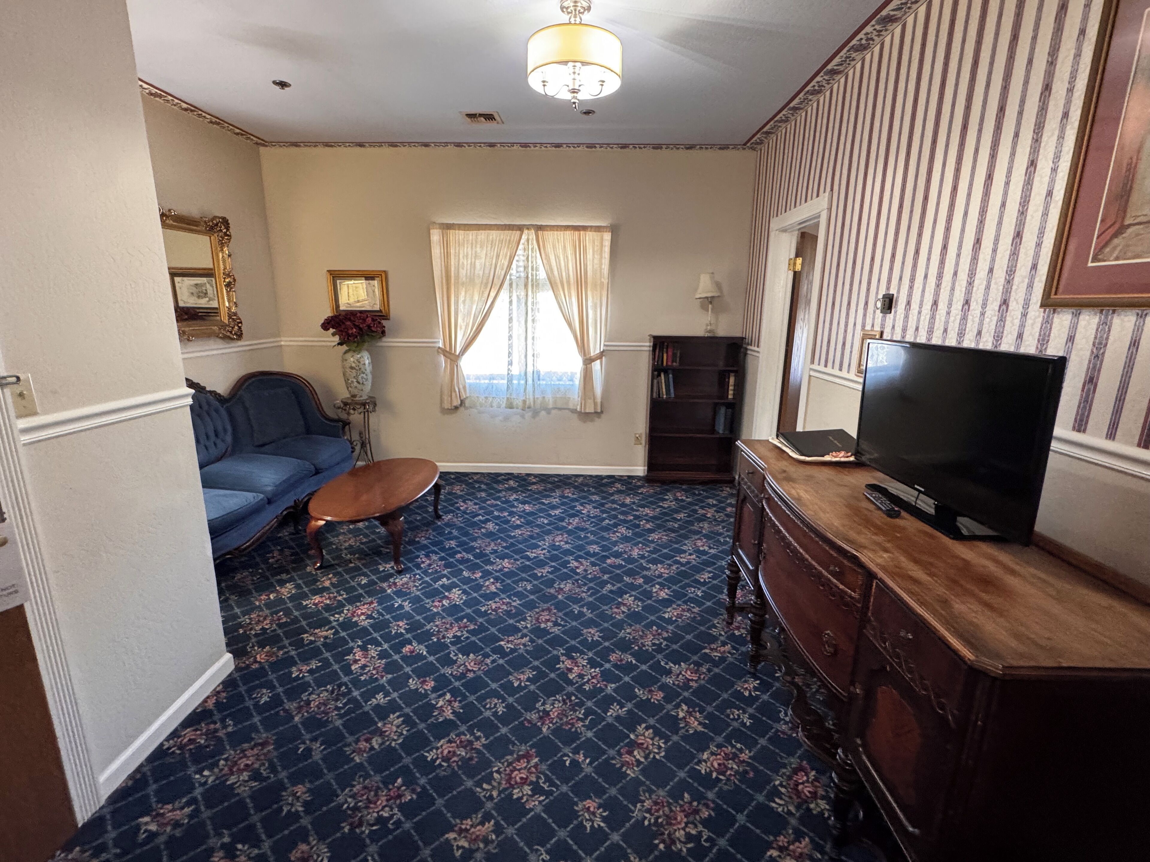 Una habitación con alfombra azul estampada, un sofá azul, una mesa de centro de madera, un televisor sobre un mueble de madera, una estantería y una ventana con cortinas.