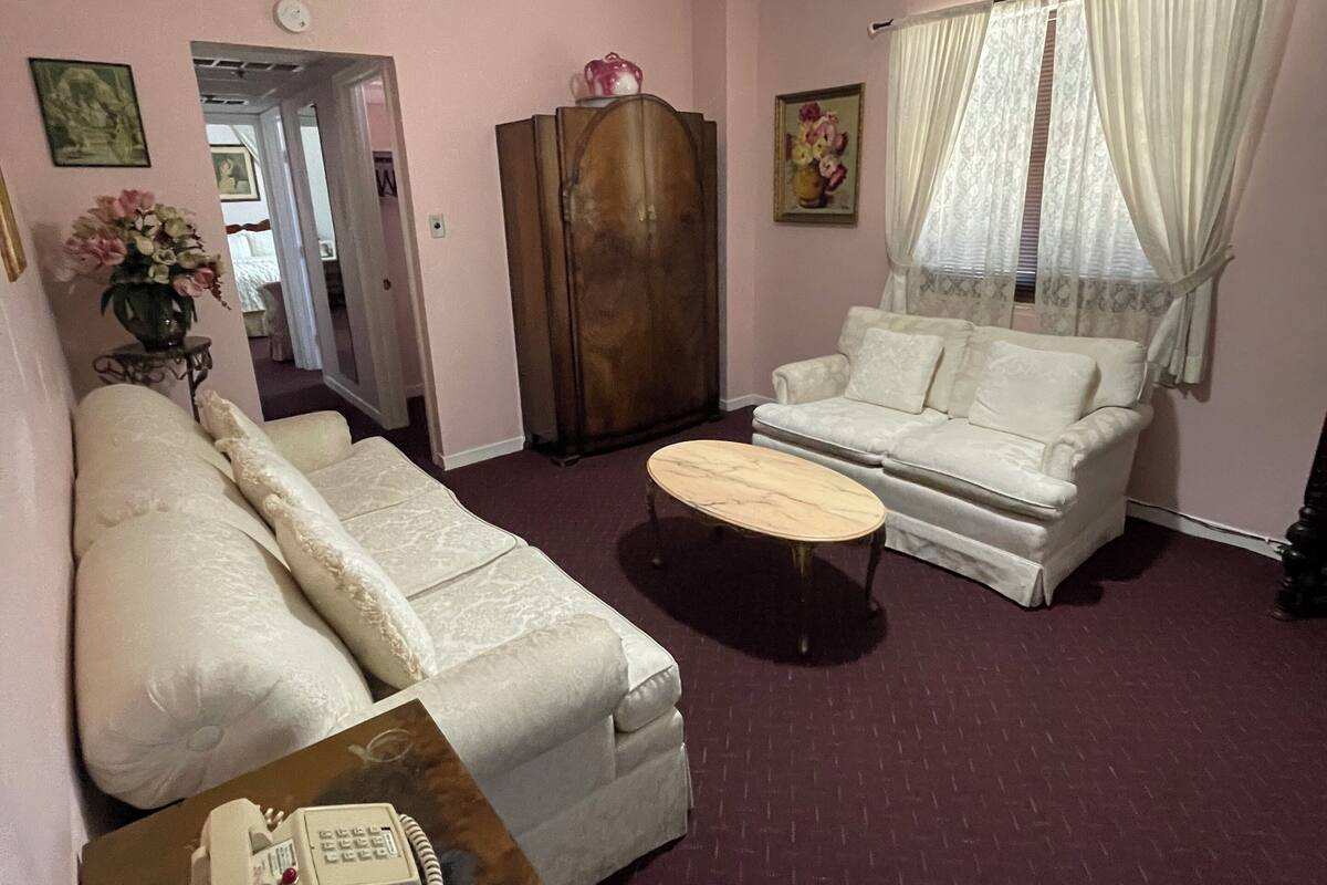 A living room with a sofa, a coffee table, and a telephone on a table.