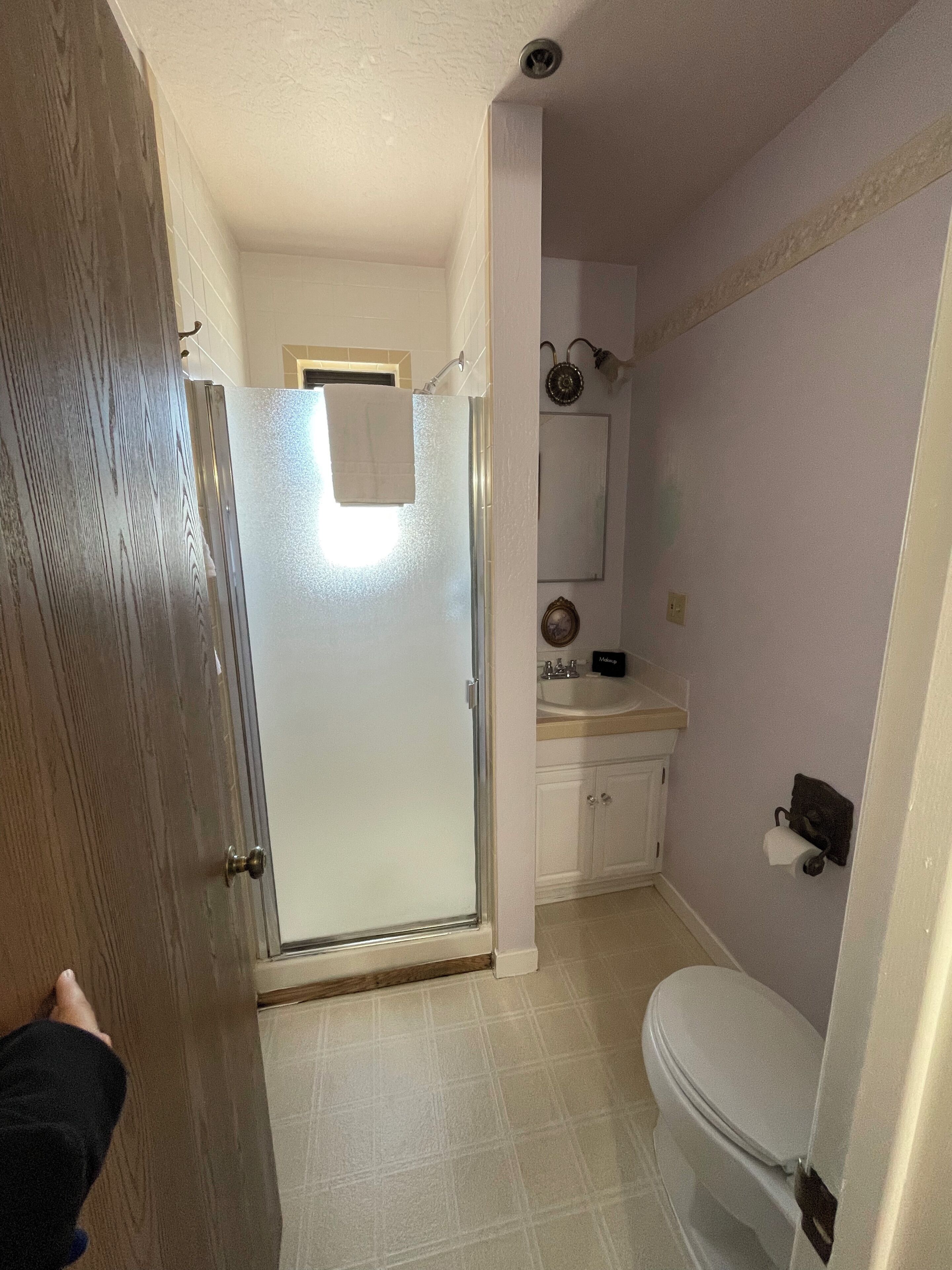A bathroom with a glass shower door, a toilet, a sink, and a mirror.