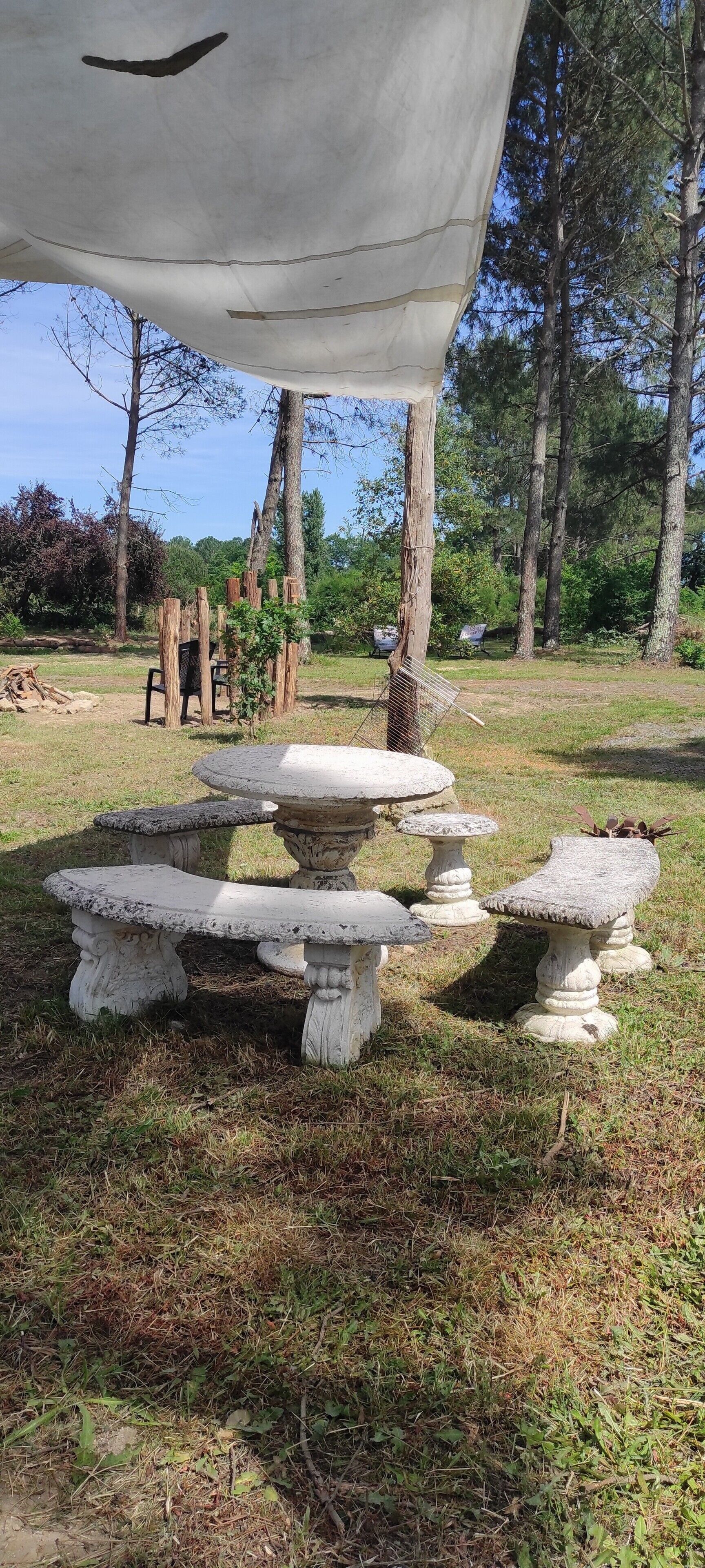 Taula i bancs de pedra a l'aire lliure en una zona enjardinada amb arbres al fons.
