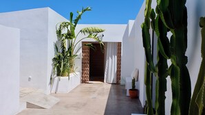 A narrow, white-walled corridor with a door leading to a room. There are large cacti and a potted plant on the right. - EBLI'7. HOTEL BOUTIQUE (Orihuela)