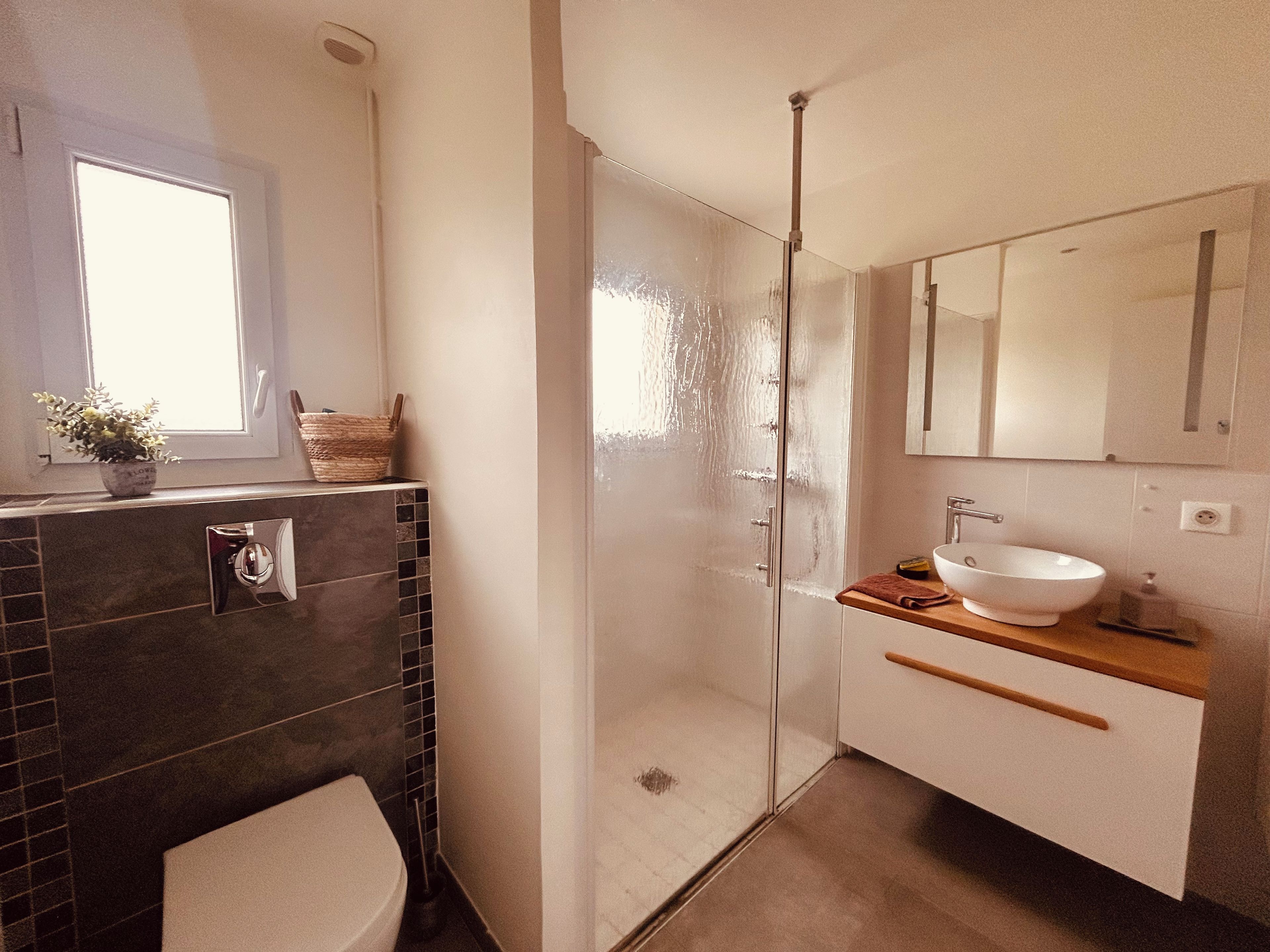 A bathroom with a glass shower enclosure, a white sink, and a toilet.