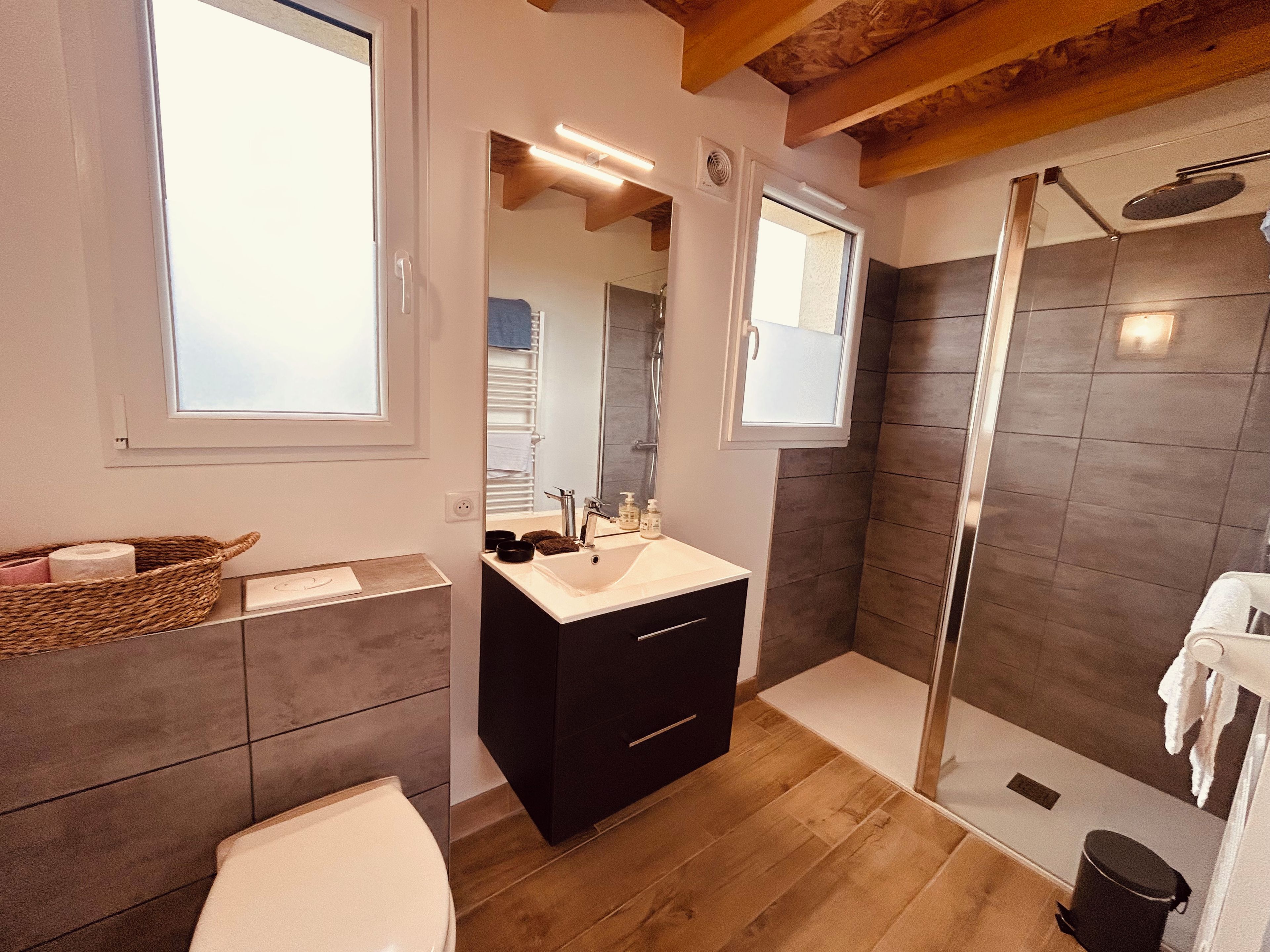 A modern bathroom with a shower, a sink, and a toilet.