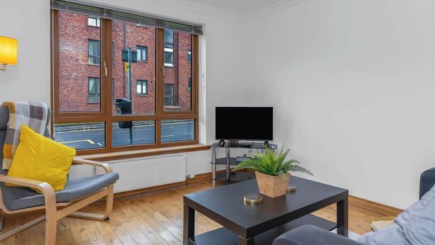 A modern living room with a large window, a flat-screen TV, a sofa, a coffee table, and a potted plant.