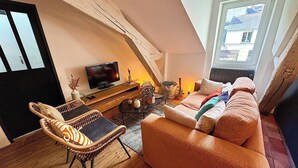 A cozy loft-style living room with a television, wicker furniture, and a large window. - Apartment near the royal square, Nantes (Nantes)