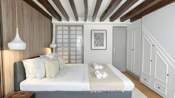 Appartement Duplex Deluxe, vue cour intérieure | Espace de travail pour ordinateur portable, fer et planche à repasser