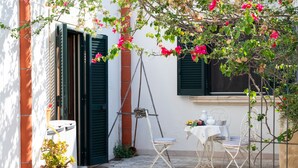 Un patio con una mesa, sillas, una escalera y una planta en maceta.