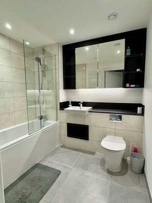 Hair dryer, towels, soap, toilet paper