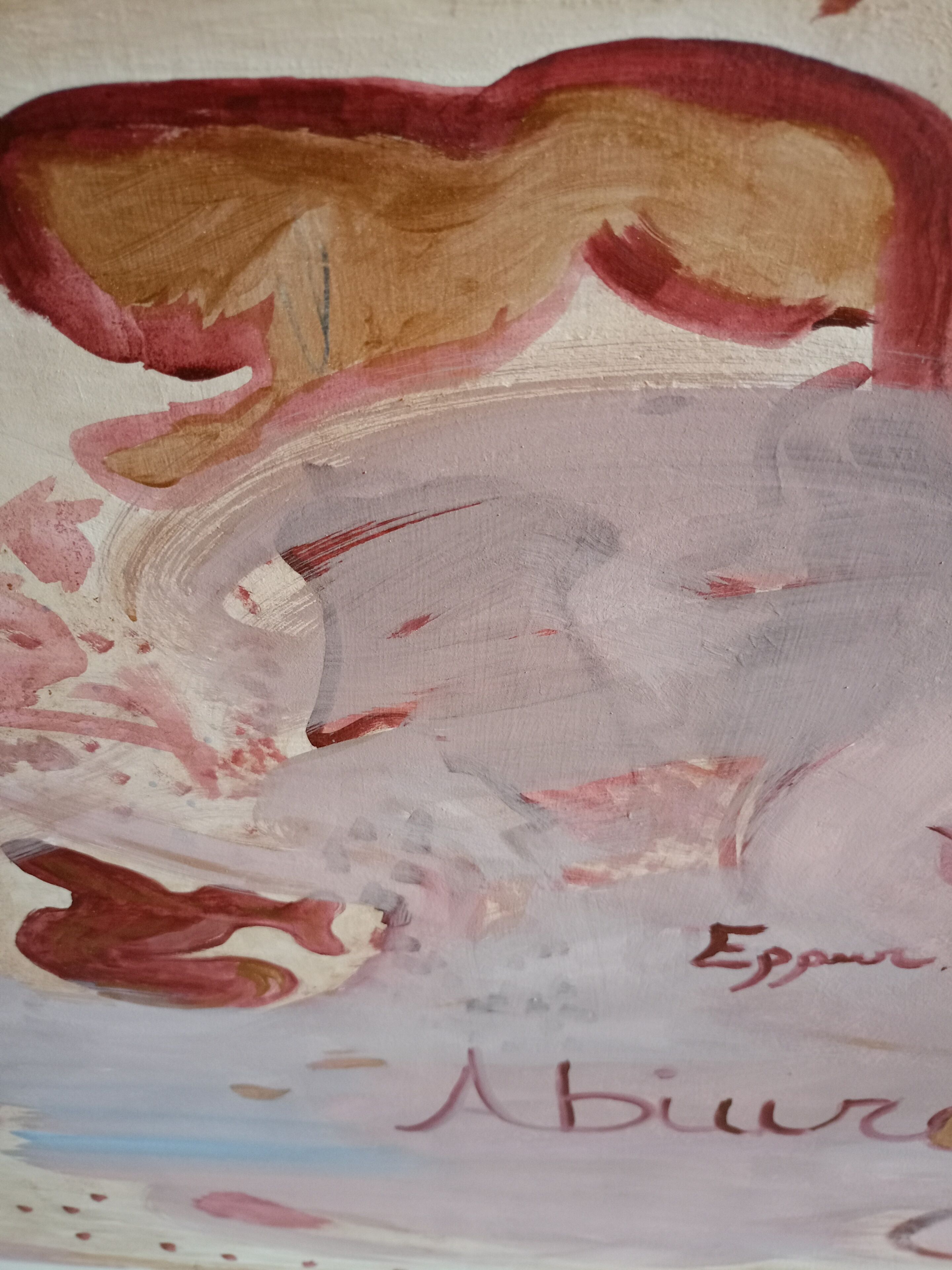 A painting with abstract shapes and a signature.