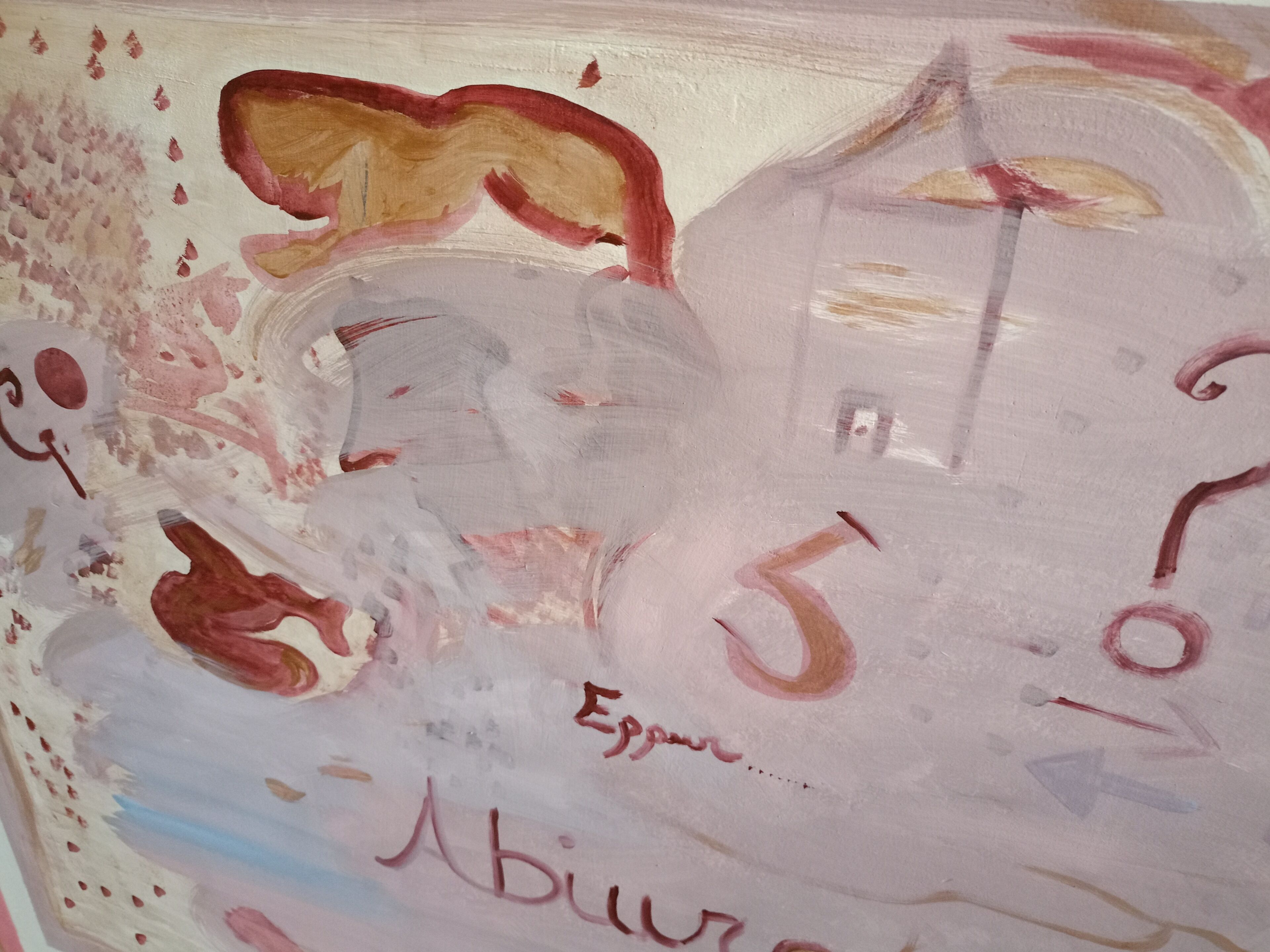 A painting with abstract figures and text, possibly a portrait.