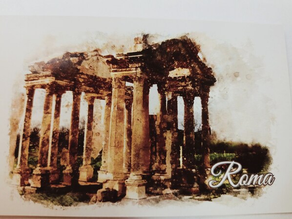 A watercolor painting of ancient Roman columns with the word "Roma" in the bottom right corner. - Santa Caterina agli Acquedotti  (Rome)