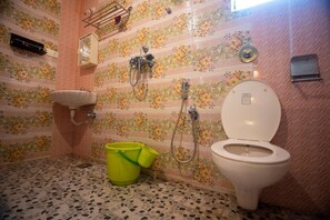 Shower, towels, soap, toilet paper