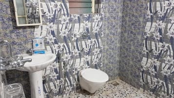 Shower, towels, soap, toilet paper